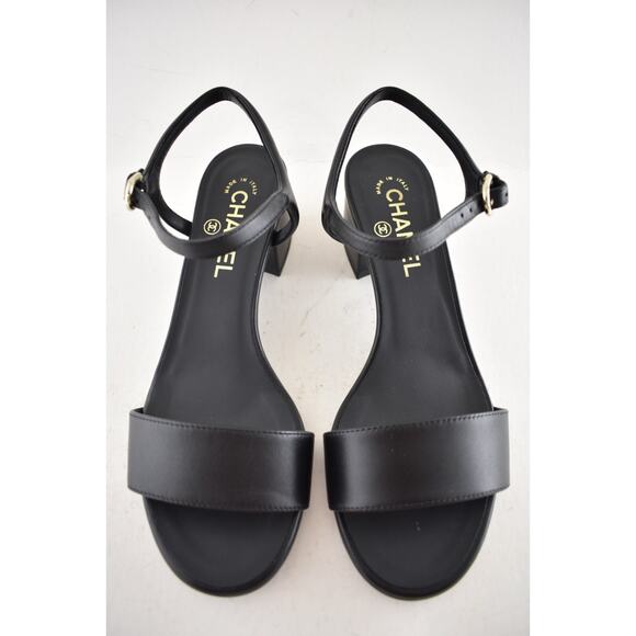 Chanel 24C Black Lambskin Leather Gold Logo Ankle Strap Block Heel Sandal 38 - Picture 8 of 14